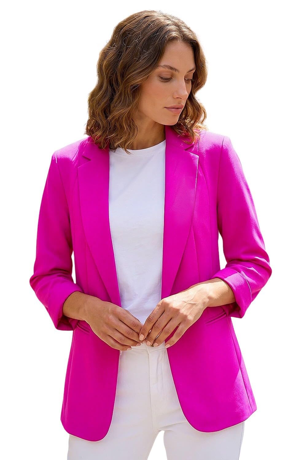Roman Originals Petite Classic Stretch Blazer for Women UK - Ladies Everyday Holiday Spring Summer Full Length Sleeves Comfy Soft Evening Vacation Work Party - Cerise - Size 14