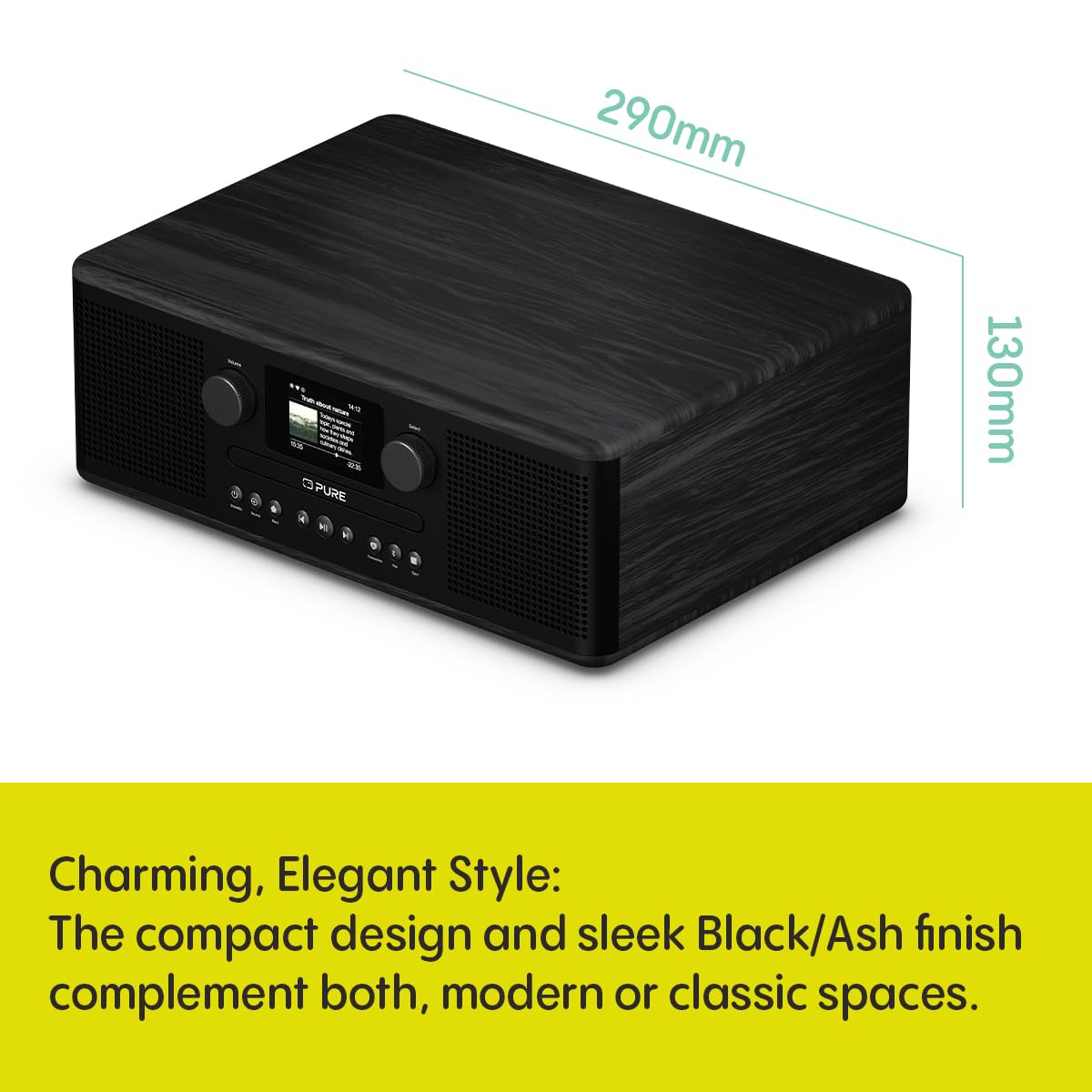 Pure Classic C-D6i All-in-One radio internetowe z WiFi, DAB+/FM, Bluetooth 5.3, odtwarzacz CD, USB, AUX, 150 stacji, 2 x 15 W, kolorowy wyświetlacz, budzik i timer – kolor czarny