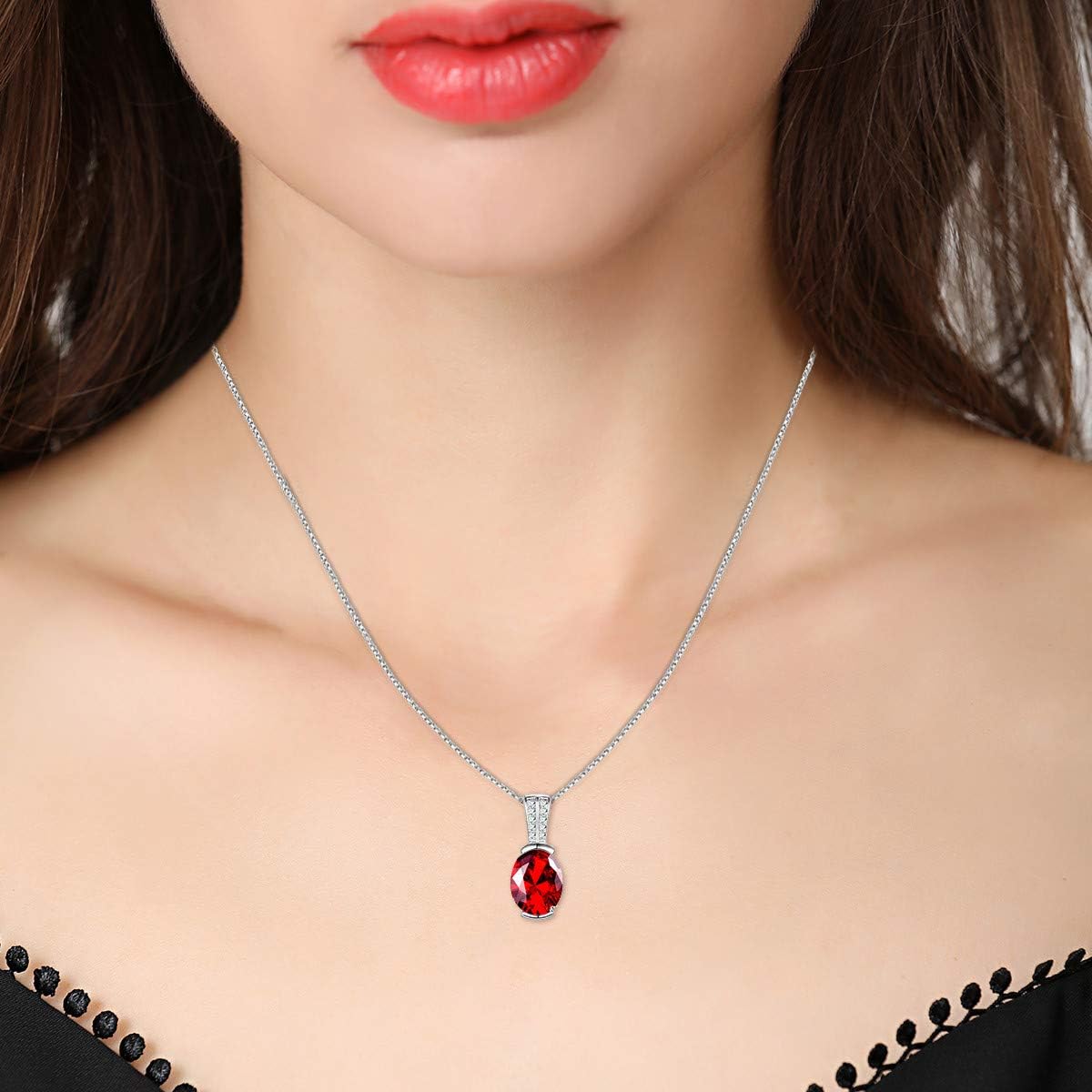 Uloveido 925 Sterling Silver Imitate Ruby Necklace, Red Oval Cubic Zirconia Pendant,Party Jewelry Gifts for Women LN004(Red-Silver) - Image 3