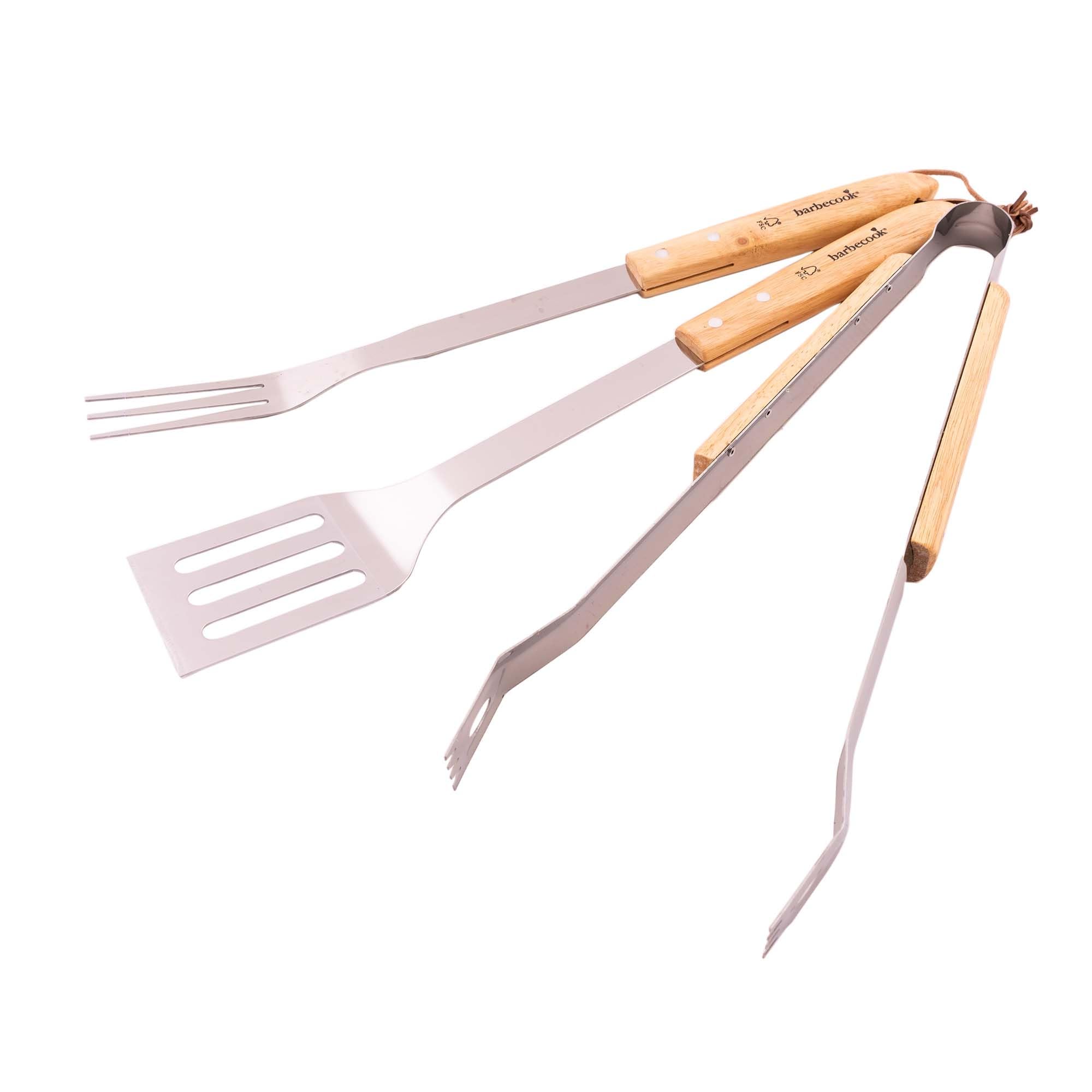barbecook Grillbesteck Set mit Grillgut-Wender, Grillgabel und Grillzange aus rostfreiem Edelstahl und mit Griff aus Birkenholz