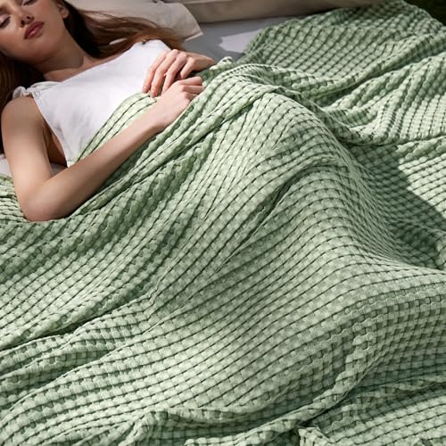 Image of Bedsure Cooling Cotton Waffle King Size Blanket - Lightweight Summer Blanket of Rayon Derived from Bamboo for Hot Sleepers, Luxury Throws for Bed, Couch and Sofa, Sage Green, 104x90 Inches