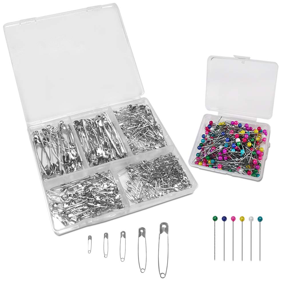 SourceTonSet of 500, Safety Pins and Sewing Pins, SourceTon 300 PCS Assorted Size Safety Pins with 200 PCS Straight Pins 1.4 in Pearl Ball Head Pins