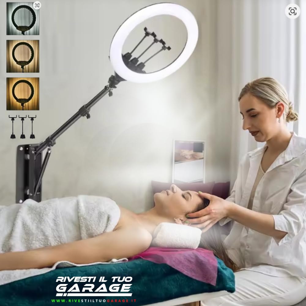 Anillo LED regulable + mando a distancia + brazo techo de pared 360° barber shop esteticista salón 2700k-6500k