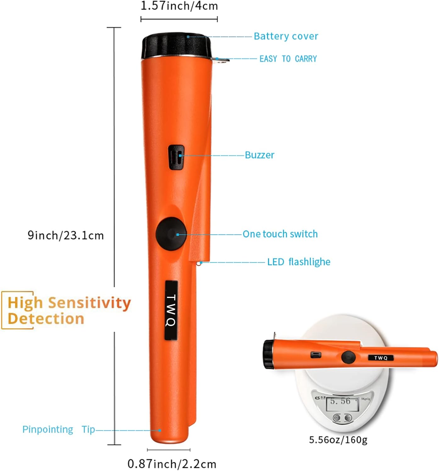Pinpoint Handheld Metal Detector pinpointer - Metal detectors for Adults and Kids Include a 9V Battery and a Belt Holster Orange