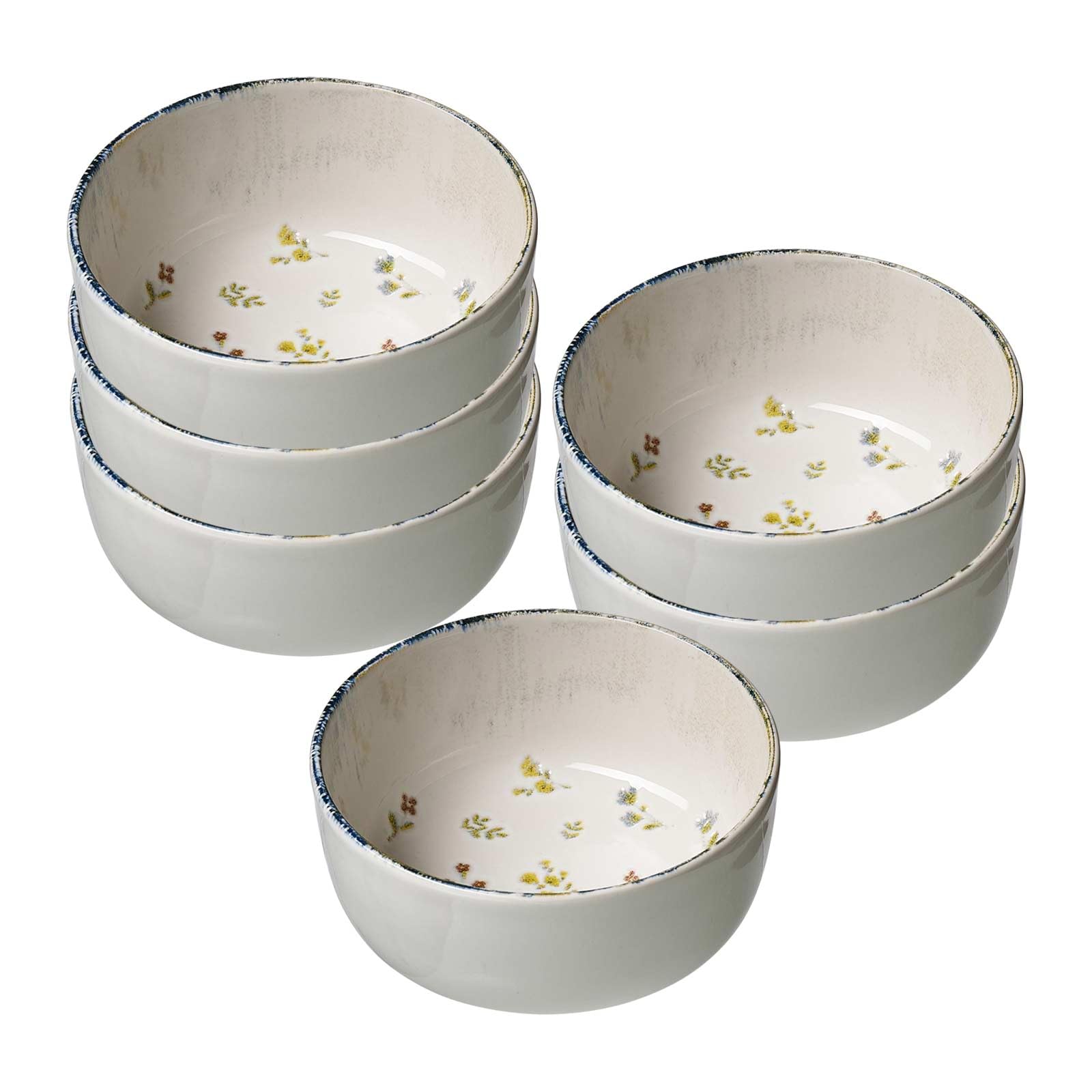 Ritzenhoff & Breker Müslischalen Viola 6er Set, Ø 14.5 cm, Schalen mit Millefleur-Dekor und verwitterten Kanten, Steinzeug, Spülmaschinen- & Mikrowellenfest, Bunt