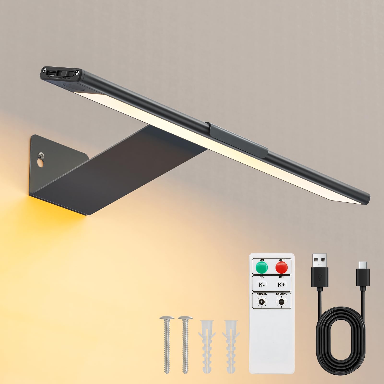 FUYO 15.7inch 6-Key Remote LED Makeup Light Bar with Stepless Dimming, 3 Modes, USB Rechargeable Vanity Light for Mirror, Photography, Art Studio, Easter Decor?Plastic Expansion Bolt*2, Screw*2