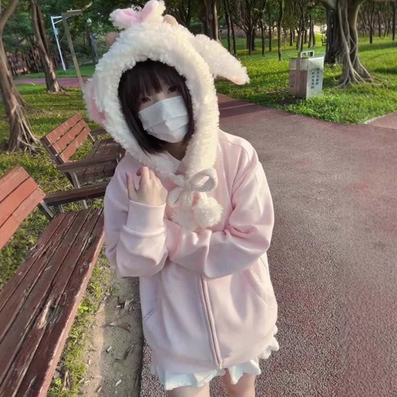 Cute Lamb Wool Rabbit Ears Fleece Lined Thickened Hooded Sweatshirt Women Sweet Autumn Winter Cardigan Top - Image 4