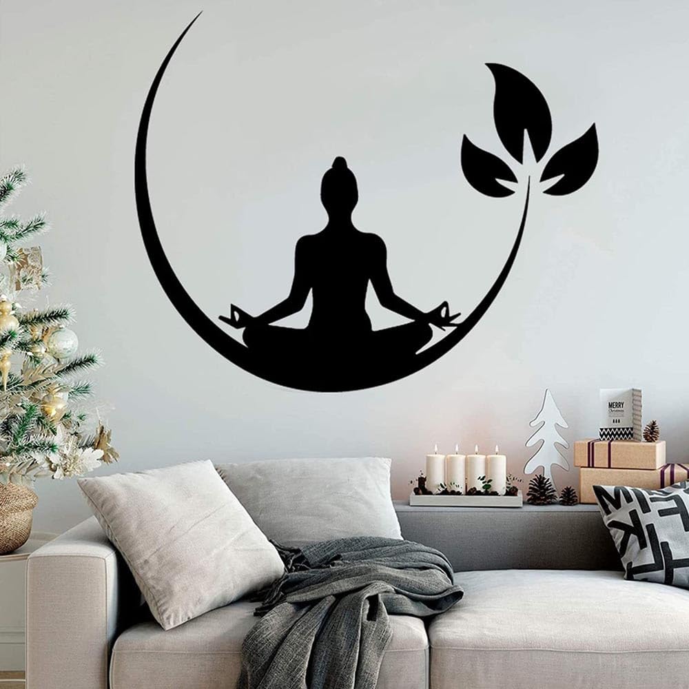Black Buddha Metal Wall Decor, Buddha Meditation Metal Wall Art, Abstract Woman Yoga Meditation with Leaf Design Sculpture for Zen Home Decor & Yoga Altar 60cm