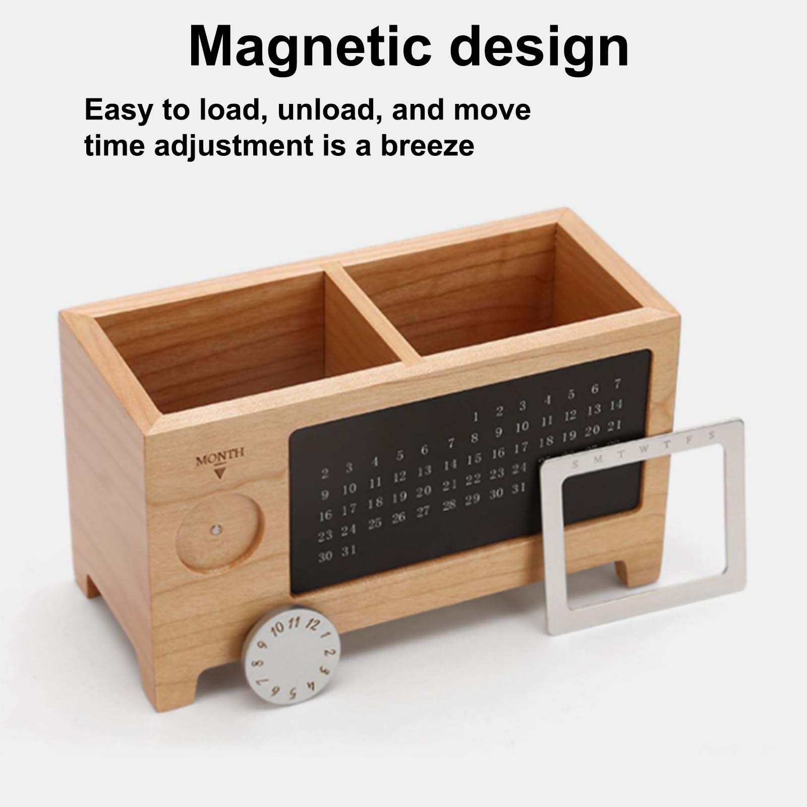 Calendario perpetuo in Acero/Noce, portapenne in Legno, Calendario perpetuo con Binario Scorrevole Magnetico e Doppio Scomparto.