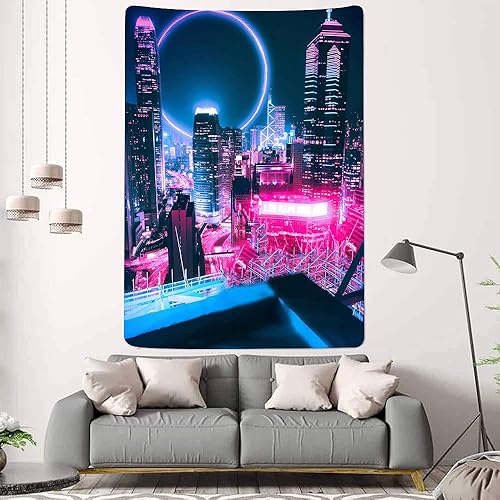 Miniatura 10 de Aidatain Tapiz Punk Cityscape Neon Nightscape de ciencia ficción de arte electrónico grande de 80 x 60 pulgadas para dormitorio y sala de estar