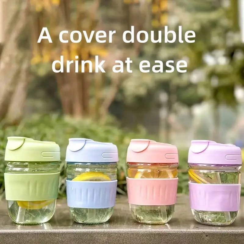 Image of Leak Proof Glass Travel Coffee and Juice Mug with Lid & Straw, Anti-Slip Silicone Band, Glass Travel Coffee Cup with Silicone Sleeve and Lid, Pink, Reusable Mug.