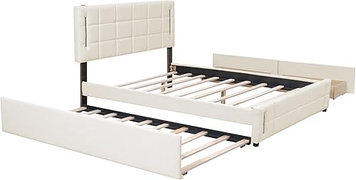 Miniatura 203 de Base de cama flotante tamaño Queen con luces LED y carga USB, marco de cama LED de plataforma tapizada moderna, no necesita somier (blanco-1)