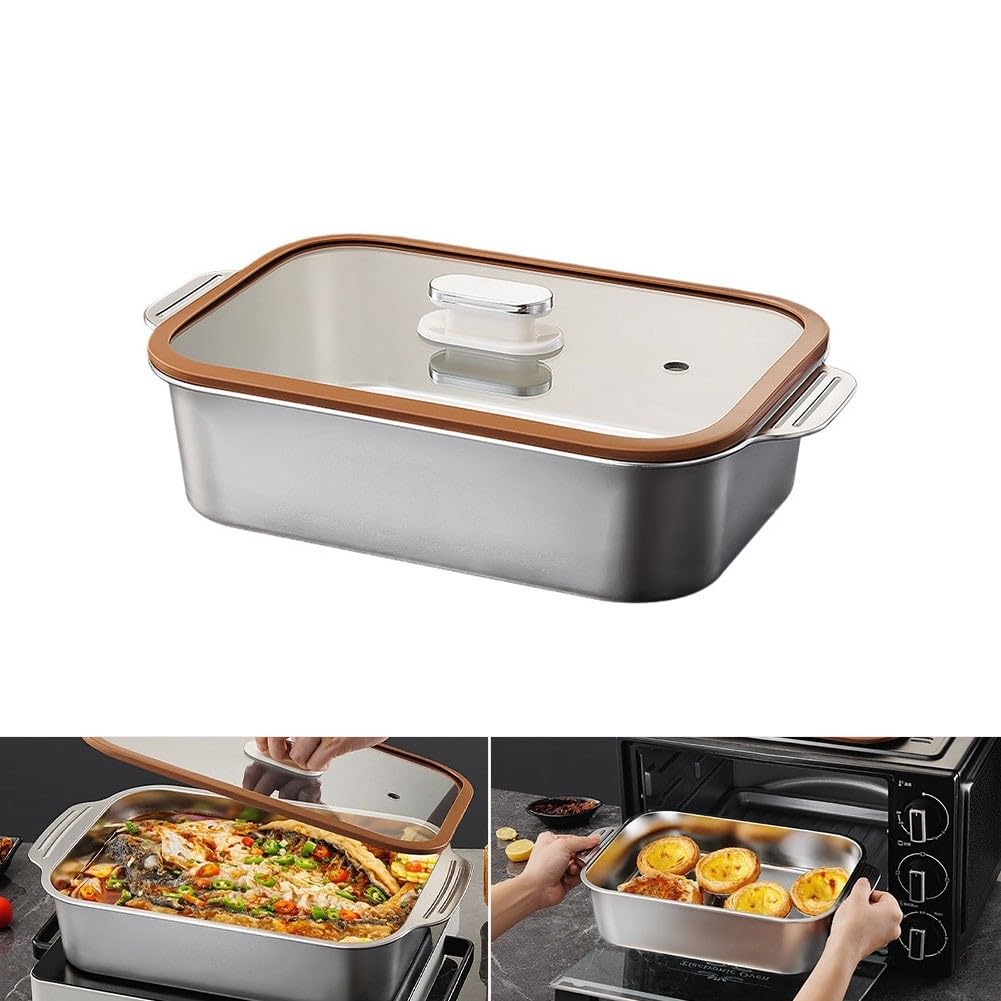 Padella rettangolare in acciaio inox, 45 x 27 cm, adatta al forno, per fiamme libere e a induzione, marrone