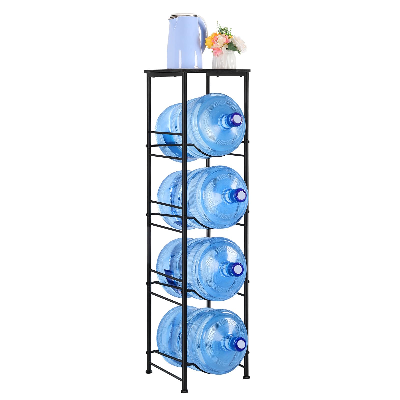 ETELI 5 Gallon Water Jug Holder 4 Tier Gallon Water Bottle Holder with Storage Shelve Water Cooler Jug Rack Stand for 5 Gallon Water Dispenser Organizer for Kitchen, Office, Living Room, Black