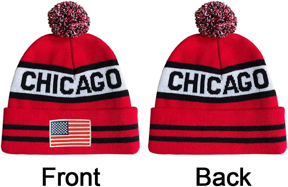 US Flag City Sport Embroidery Classic Pom Cuff Chicago Beanie Hat Cuffed Winter Soft Beanie Knit Pom Hat Cap Red - Image 2