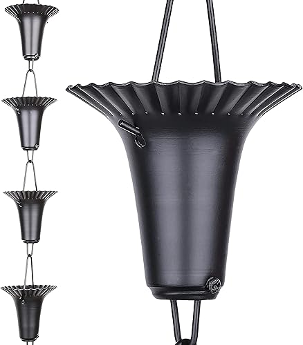 Rain Chains Pacific - Cadena de lluvia de copa estriada de 8.5 pies - Aluminio recubierto de polvo negro - Reemplazo funcional y decorativo para