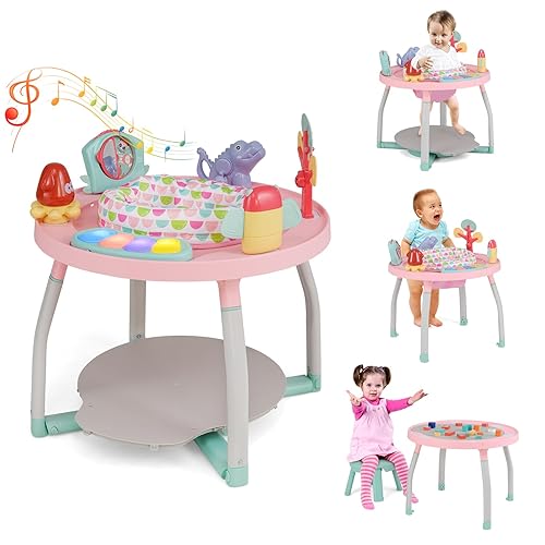 HONEY JOY Centro de actividades para bebés, puente infantil 5 en 1 y mesa de juego de pie con asiento giratorio de 360, 6 juguetes, 3 alturas