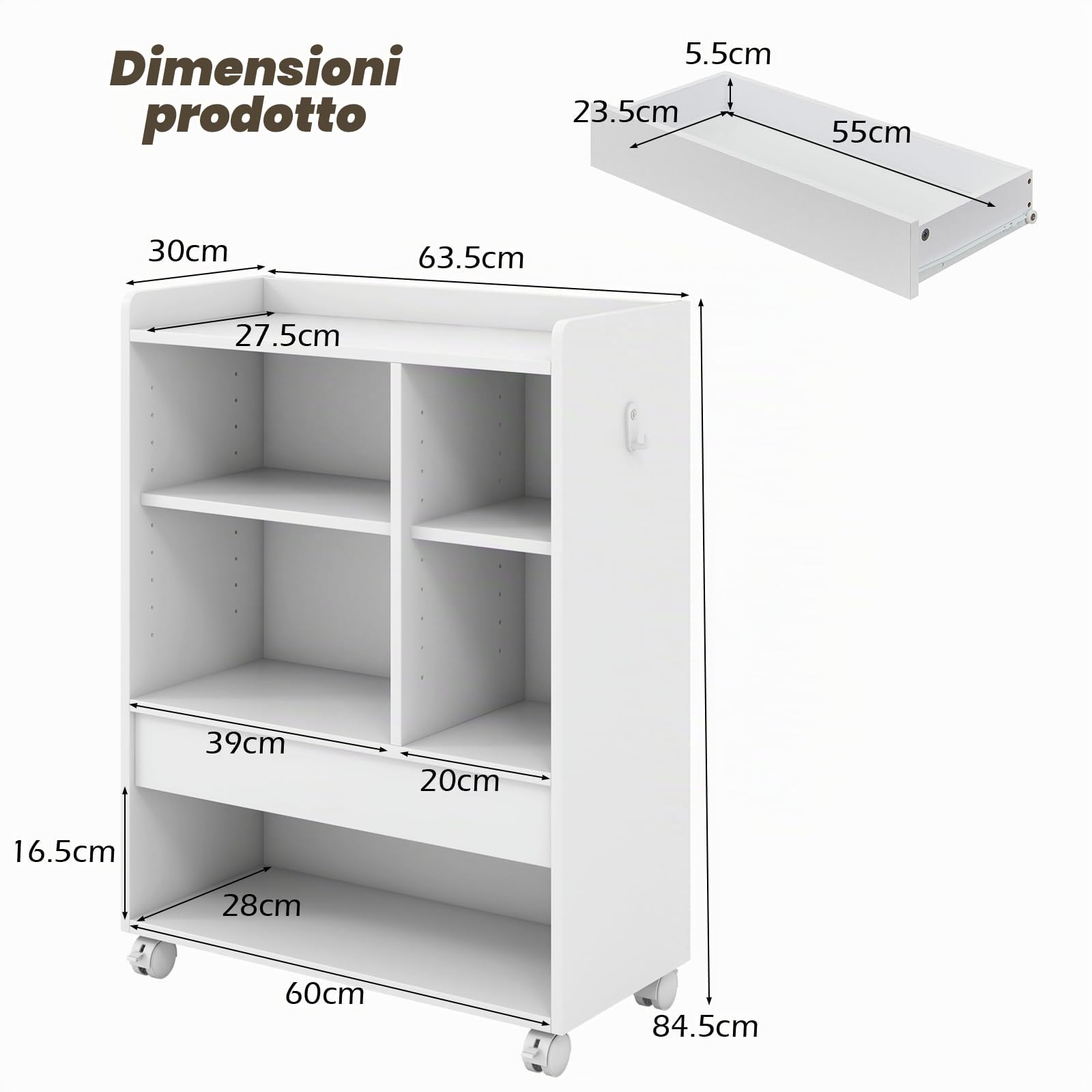 KOMFOTTEU Mobile Porta Stampante con Cassetto, Ganci, Protezione Bordo, Ripiani Regolabili, e Ruote Bloccabili, Schedario da Ufficio in Legno， Mobiletto da Archivio, 63,5 x 30 x 84,5 cm (Bianco)