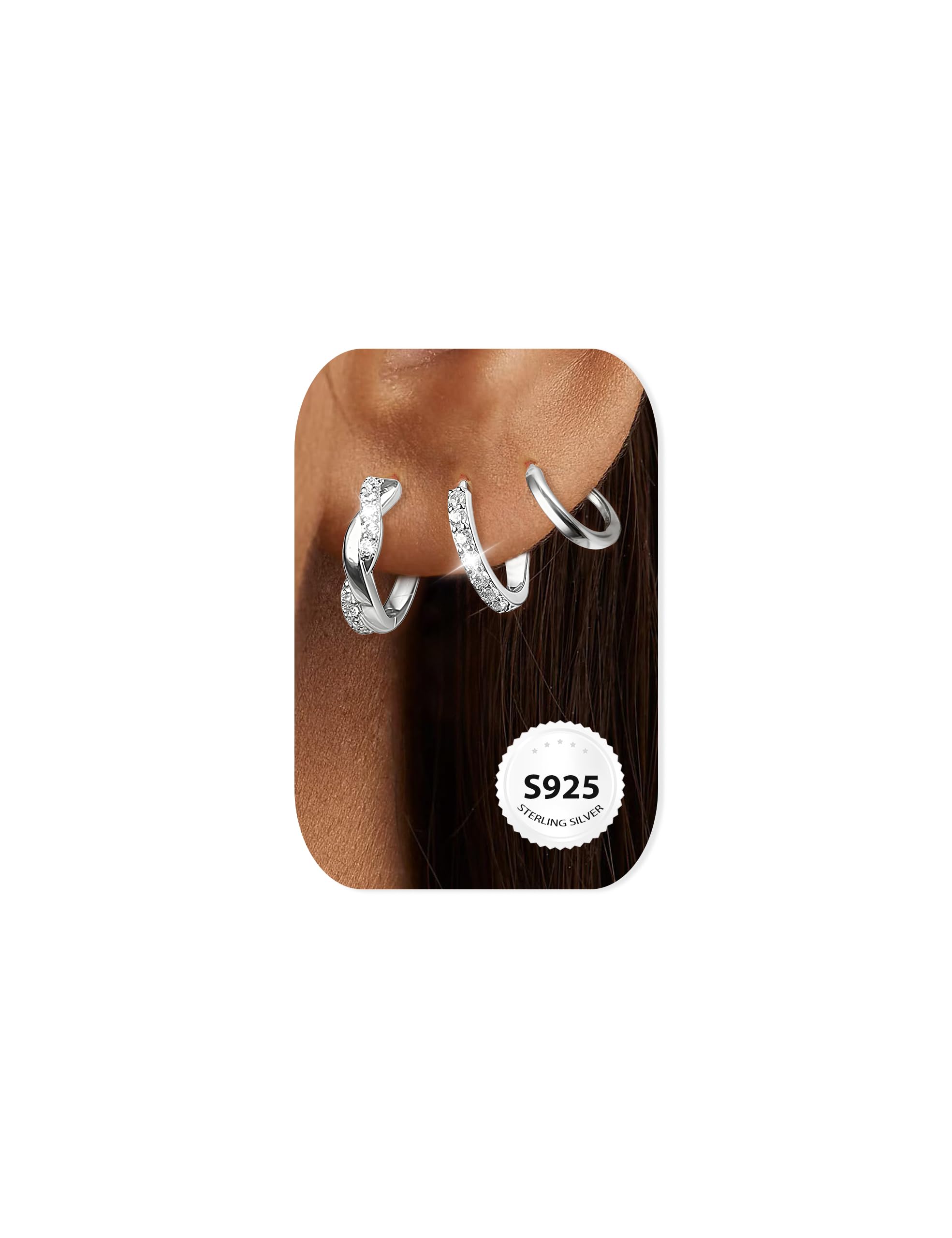 MACACHII 3 Paar Ohrringe Silber 925 Kleine Creolen Set Damen 14 Karat Vergoldet Stapelbar für Mehrere Ohrlöcher Huggies Twisted Minimalistisch Damenohrringe mit Zirkonia Hypoallergene Schmuck Mädchen