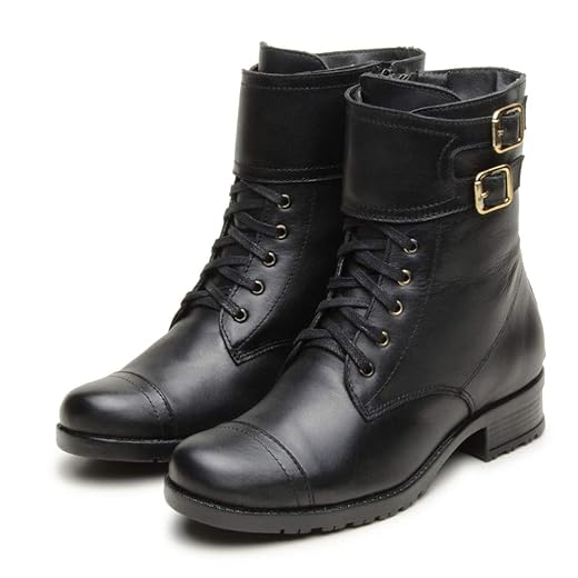Coturno feminino cano médio couro cor preto salto baixo Pierrô (39)