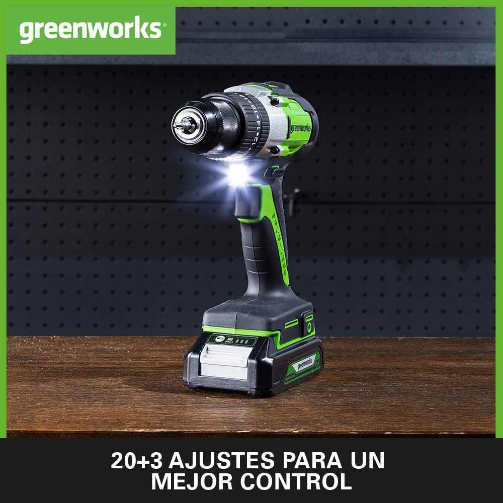 Greenworks GD24DD60K2 Taladro Atornillador Inalámbrico con Motor sin Escobillas, 0-1750 rpm, 2 Velocidades, Torque de 60 Nm, Bolsa de Transporte, Batería de 24V y Cargador, Garantía de 3 Años