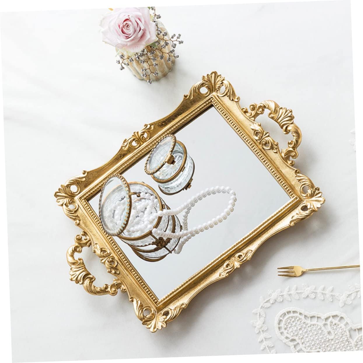 Garneck Vintage Nordic Style Carved Mirror Tray Resin Wedding Storage Decorative Ornament for Home Vanity Jewelry Organization