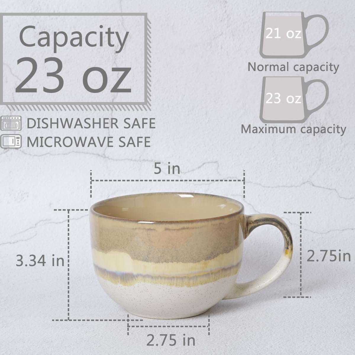 Bosmarlin Ceramic Jumbo Coffee Mug Set of 2, 23 Oz, Large Mug Soup Bowls with Handles, Dishwasher and Microwave Safe (Brown Grey) - Image 2