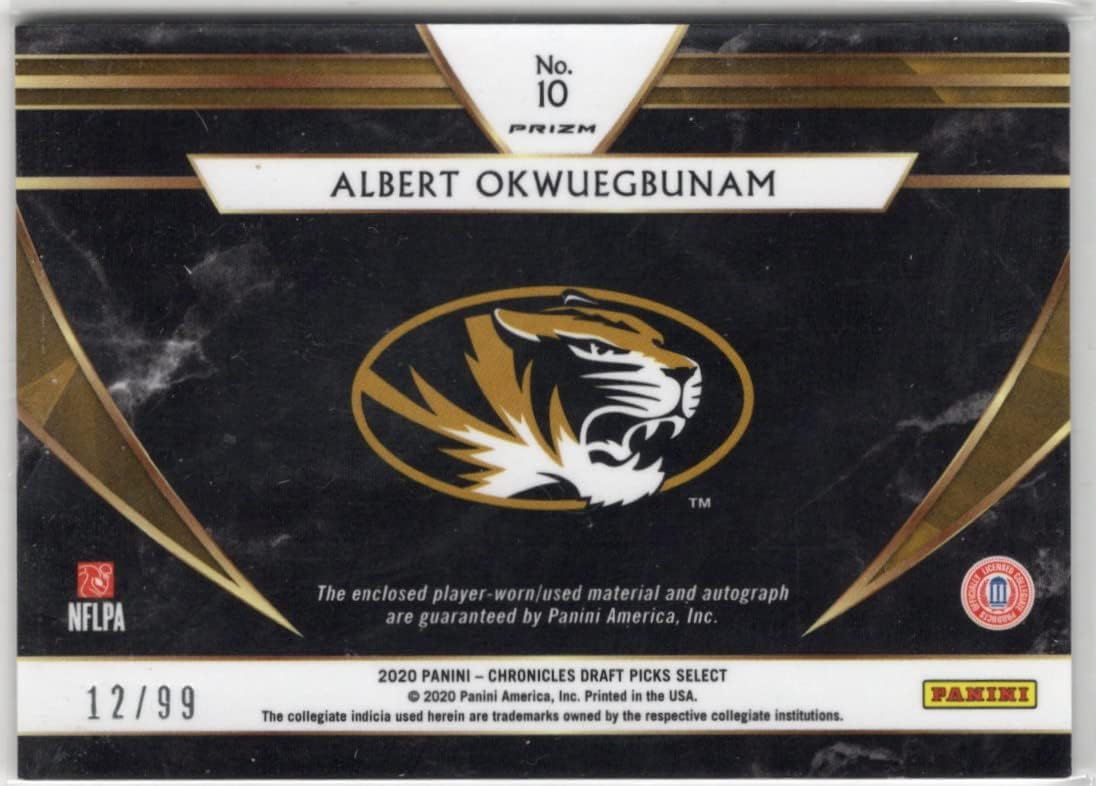 Albert Okwuegbunam Autographed & Serial Numbered #12/99 Prizm Jumbo Relic Game Used Jeresy Memorabilia Collectible Football Card - 2020 Panini Chronicles Draft Picks Select Collectible Football Card #10 (Broncos)