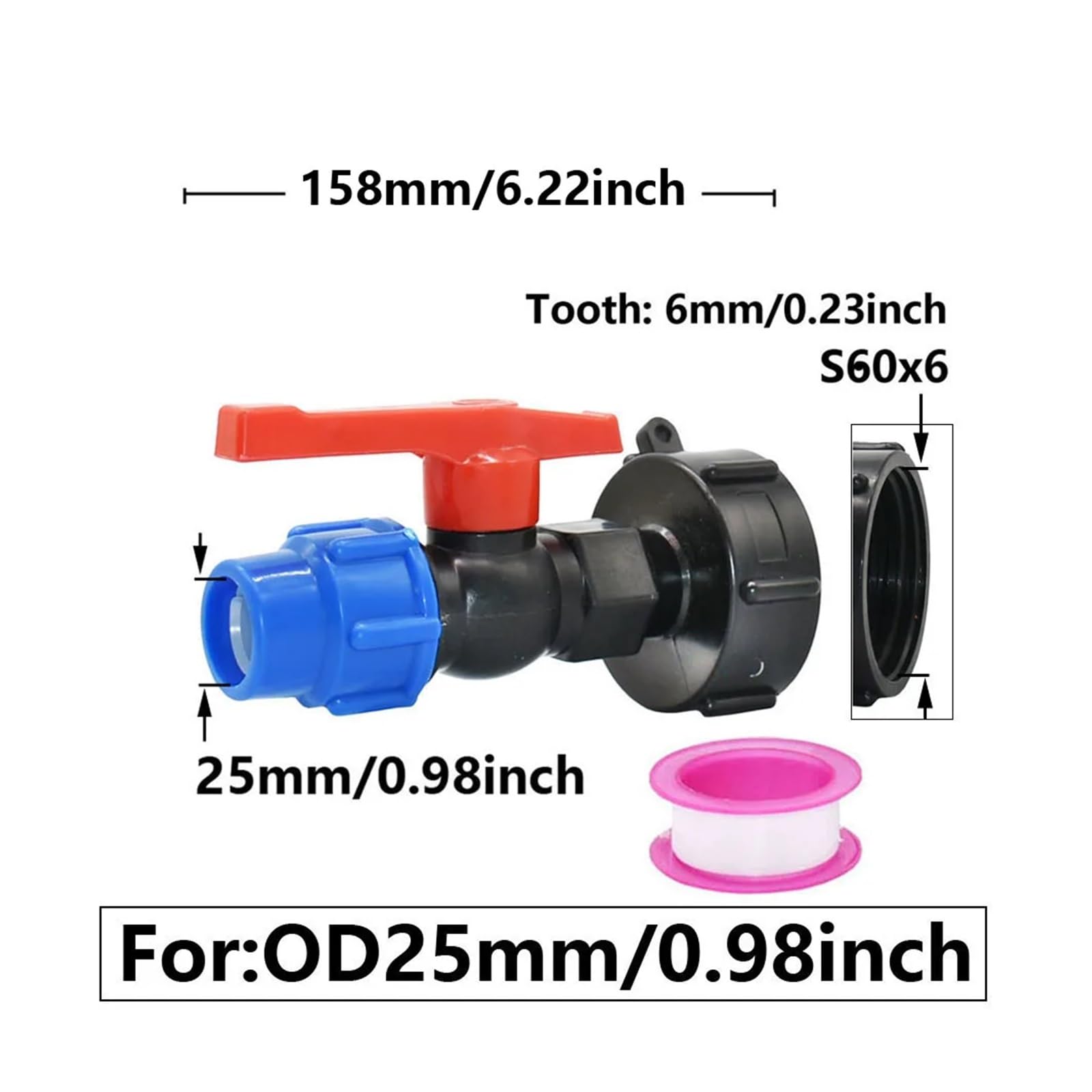 łącznik gwintowany, 1 szt. Adapter zbiornika IBC S60 x 25 mm 32 Złącze rury PE Złączki do kranów wodnych DN20 Plastikowe złączki rur nawadniania gospodarstwa(25mm X Tap)