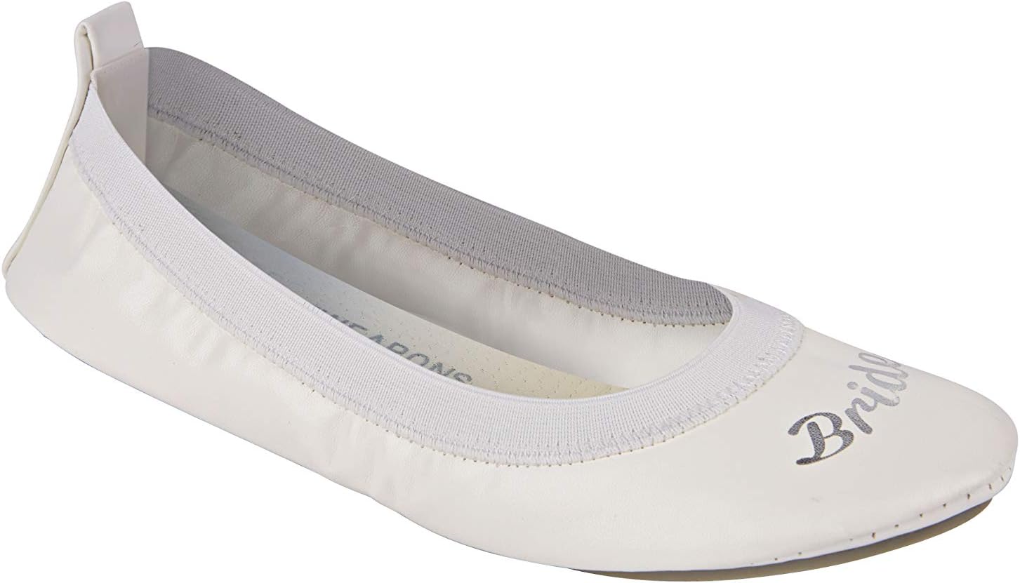 White Bride & Bridesmaid Fold Up Ballet Flats-Foldable Bridal Wedding Party Shoes with Bride & Bridesmaid Print-Cute Purse unfolds into a Tote Carry Bag