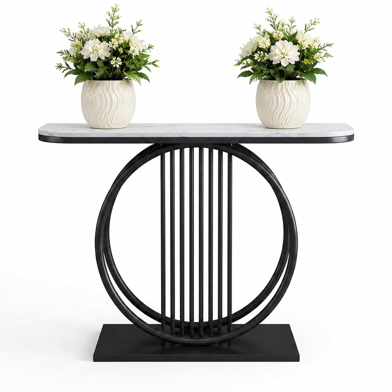 Console Table for Living Room Enterprise Modern Entryway Foyer Display Accent Furniture, Marble Finish Engineered Wood Top & Heavy Duty Black Metal Frame Base (30D x 75W x 70H cm, White)-image-16