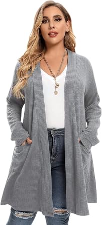 LARACE Open Front Knit Plus Size Cardigan Sweaters for Women with Pockets