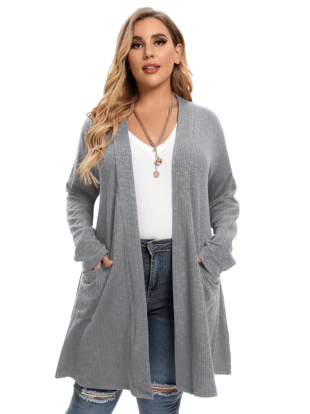 LARACEOpen Front Knit Cardigan Sweaters for Women Plus Size Long Sleeve Tops with Pockets Lightweight for Winter