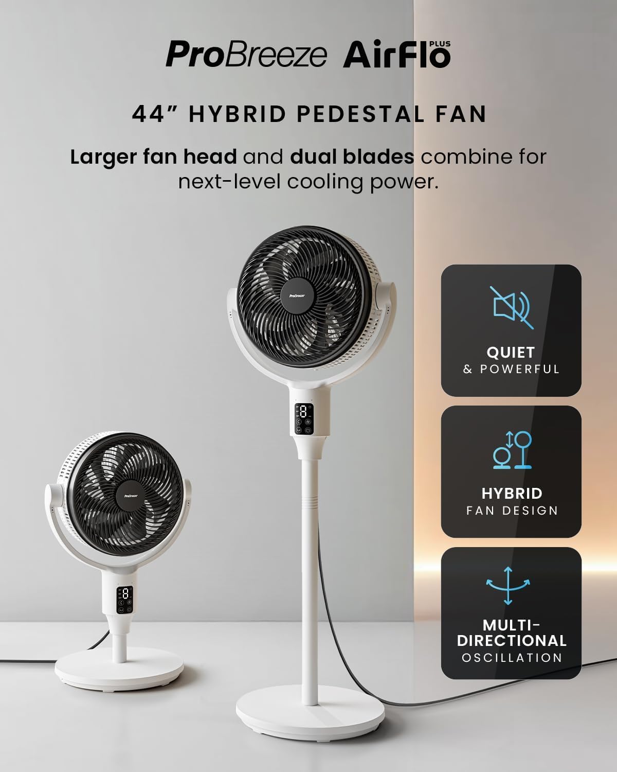 Pro Breeze Ventilateur AirFlo XL sur pied - 20% plus puissant - 111 cm Silencieux avec Écran LED & Télécommande – 2 Modes de Refroidissement – Oscillation Horizontale & Verticale