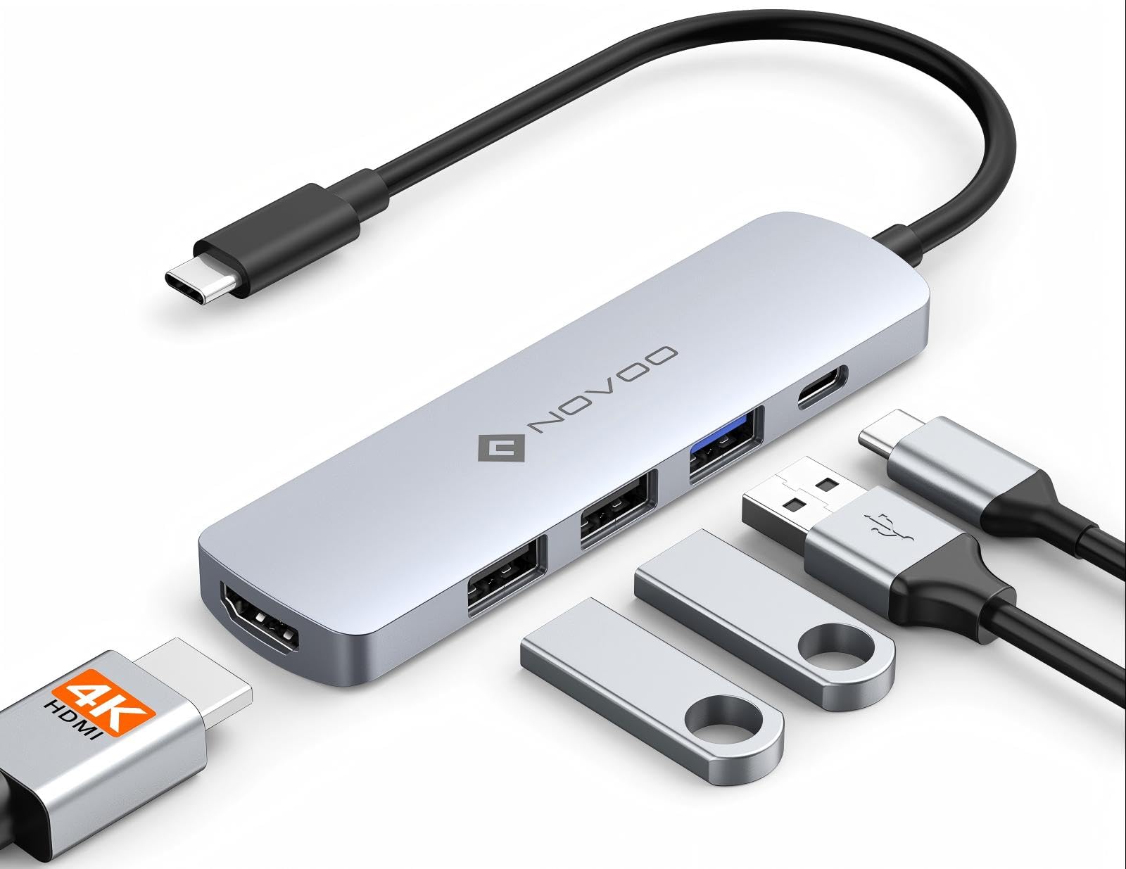 NOVOO 5-in-1 USB-C-Hub, Adapter USB C auf HDMI 4K, Aufladen 100 W PD, USB-C auf USB x 3, USB C Adapter Multiport, kompatibel mit MacBook Air MacBook Pro Chromebook