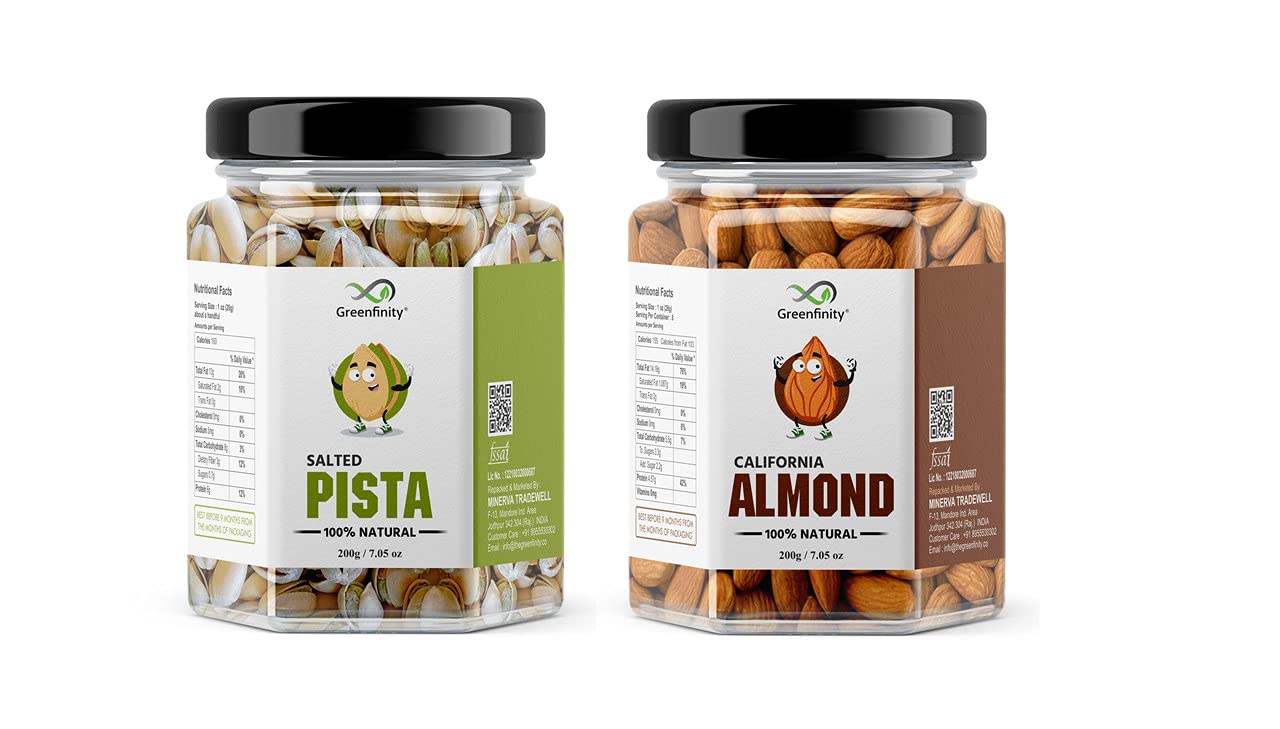 GreenFinity Fresh Almond & Roasted Salted Shelled Pistachio Combo Pack 200gm + 200gm | Salted Pista & Badam (Pack of 2) 400gm (B09F3L9DL3) Amazon Price History, Amazon Price Tracker