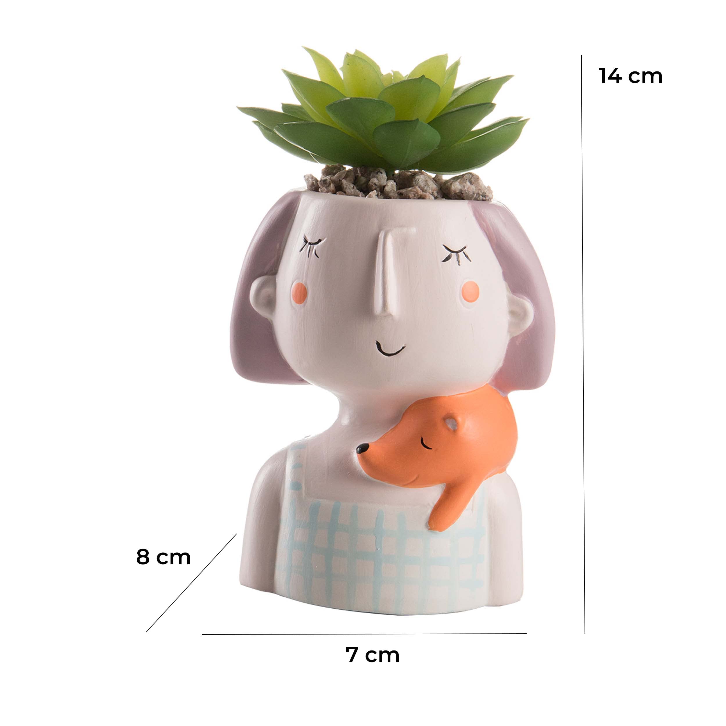 Baroni Vaso Testa Girl con pianta Artificiale. Set 4 sculture Colorate in Ceramica 8X7X14 cm