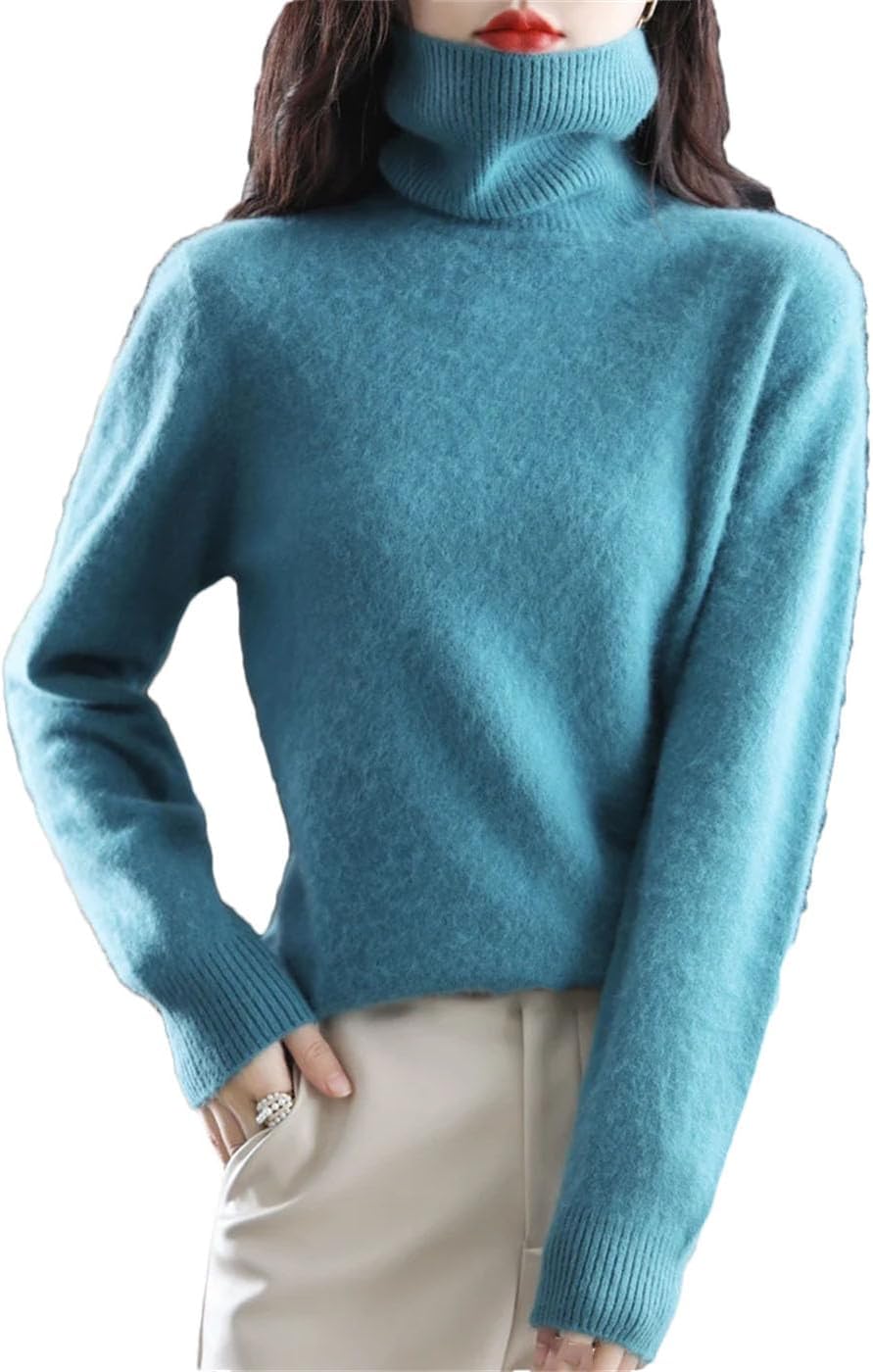 Women's Wool Knit Sweater Solid Color Turtleneck Long Sleeve Fuzzy Tops Winter Soft Thermal Pullover Jumper