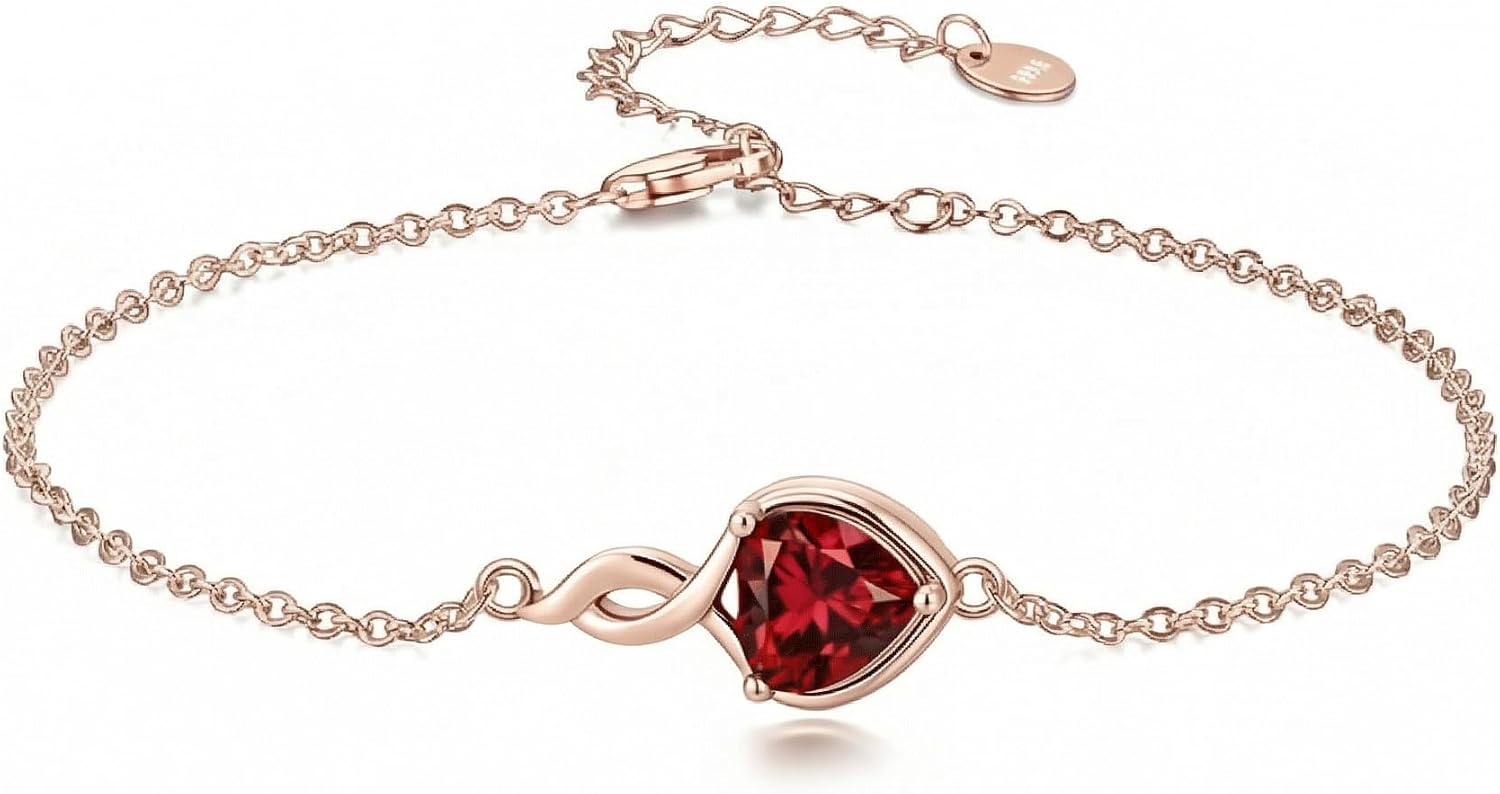 925 Sterling Silver/10K/14K/18K Gold Gemstone Infinity Heart Bracelet, Sapphire/Ruby/Emerald/Moissanite/Amethyst/Garnet/Blue Topaz/Citrine/Peridot/Pink Tourmaline Heart Birthstone Infinity Link Bracelet, Birthday Anniversary Christmas Jewelry Gifts for Women Wife Mom, 6-8inch