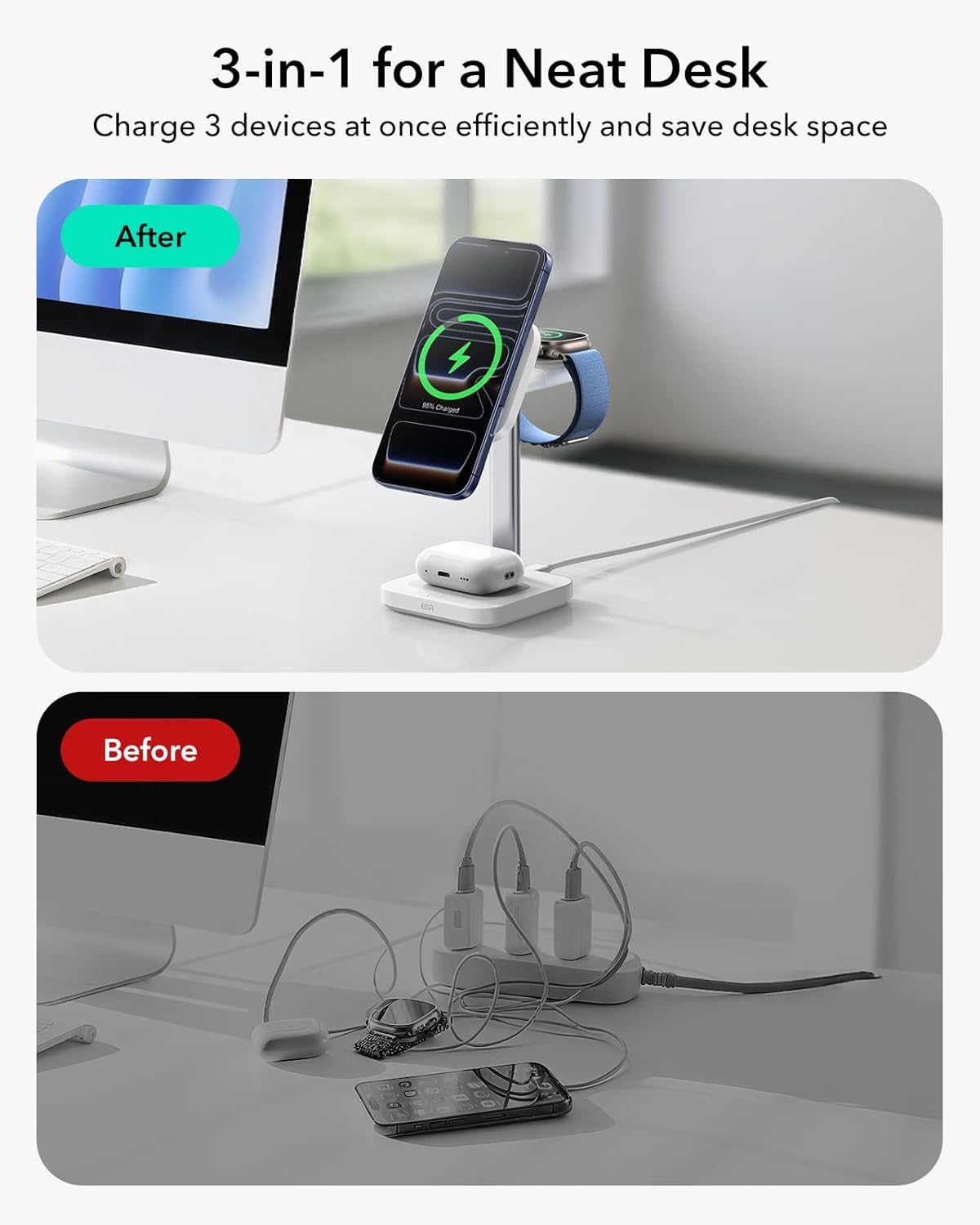 ESR for 3 in 1 Charging Station, Qi2.2 Certified 25W MagSafe Charger Stand with CryoBoost, Phone-Cooling Fast Charging Station, for iPhone 17/16 with iOS 26, AirPods, Apple Watch, White