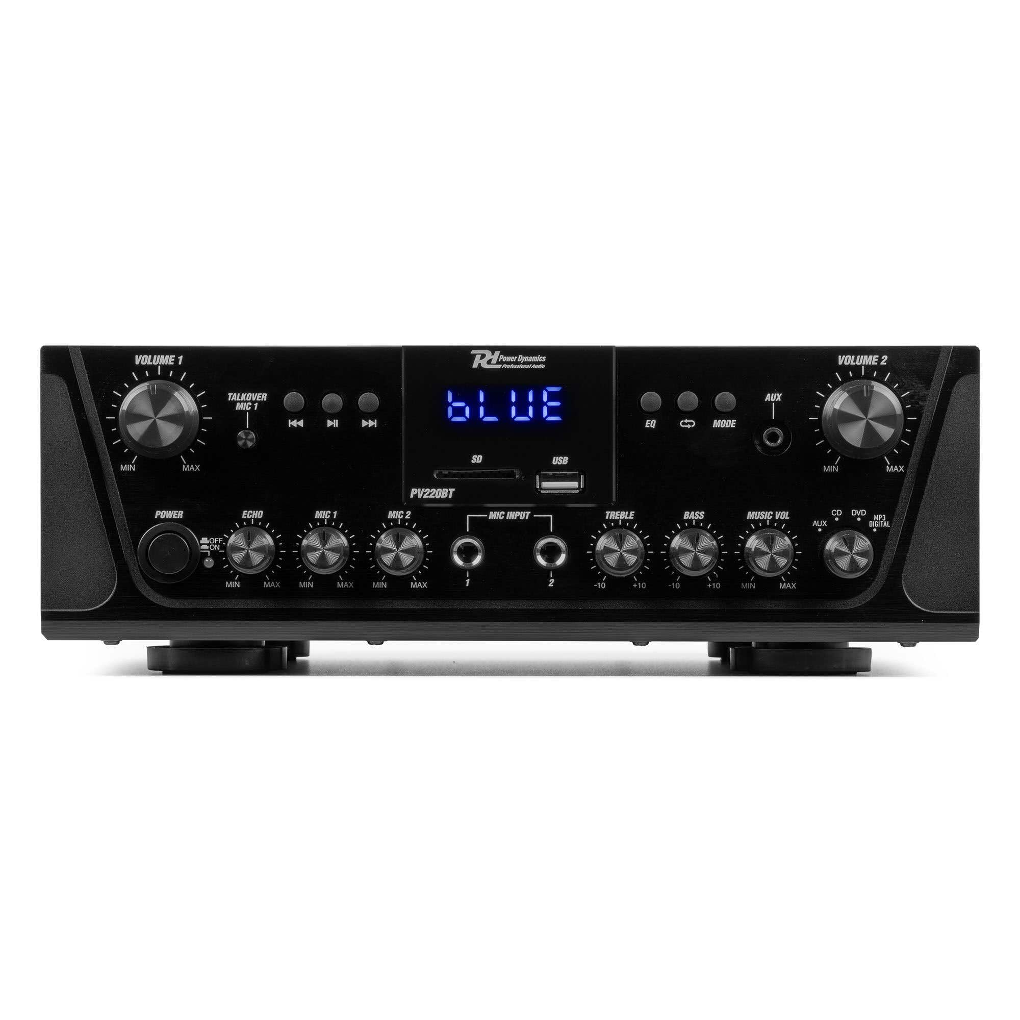 Power Dynamics Sistema de Sonido Profesional - 4 Altavoces Blancos, Bluetooth, USB, FM, Amplificador Integrado, Resistente al Agua IPX5, Soportes y Cables Incluidos, Ideal para Negocios y Hogar