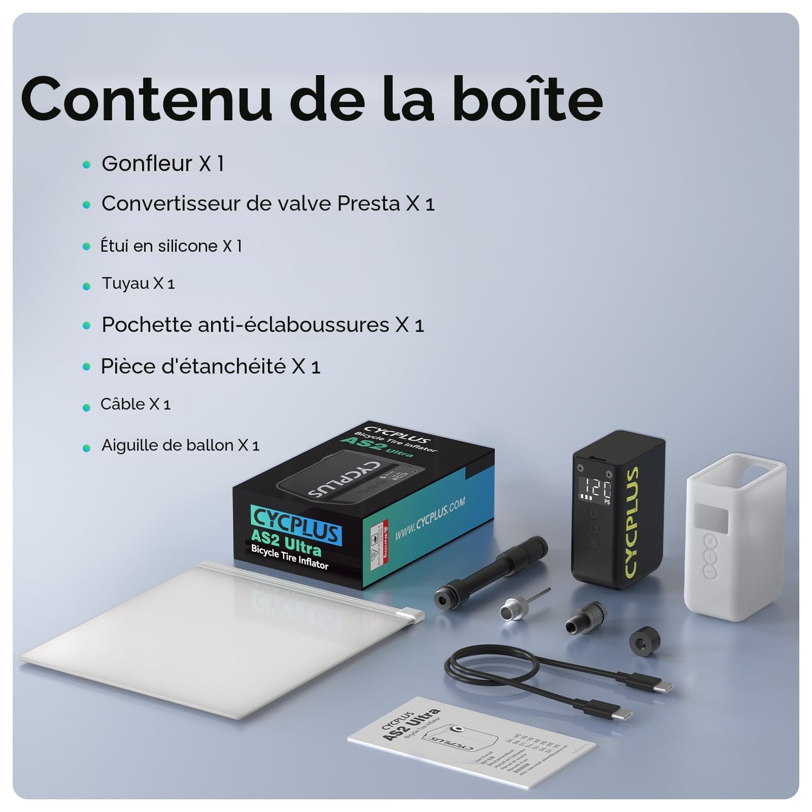CYCPLUS AS2 Ultra Pompe à Vélo Électrique Compacte 120 PSI Manomètre Arrêt Automatique Valves Presta Schrader