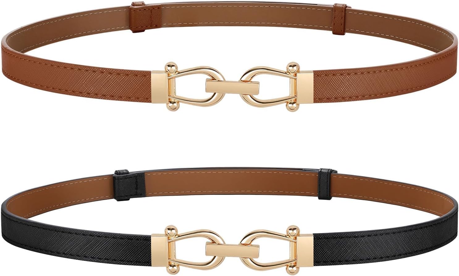 JASGOOD 2 Pack Women’s Thin Belts Pu Leather Adjustable Skinny Waist Belts for Jeans Pants Dresses with Gold Buckle