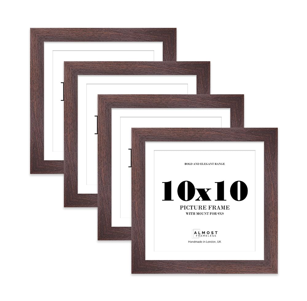 10x10" Walnut Square Frame With Mount for 9x9" Pictures 28mm Edge Frame Display with Wall Hooks and Kickstand, 4 Pack