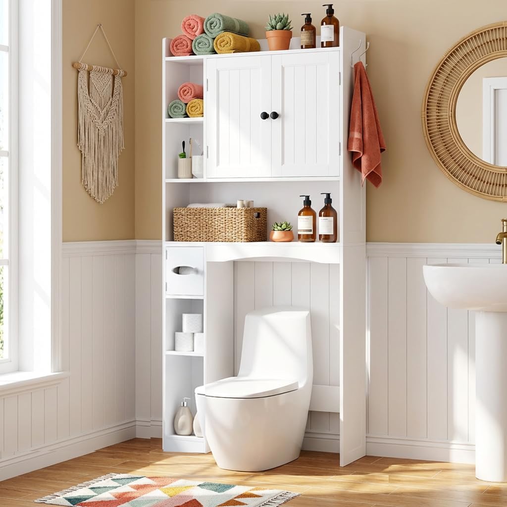 Gizoon 66''H Over The Toilet Storage Cabinet, White Over Toilet Storage Cabinet, Over Toilet Bathroom Organizer, with 2 Doors, Paper Holder and Racks, Adjustable Shelf, for Bathroom, Laundry, White