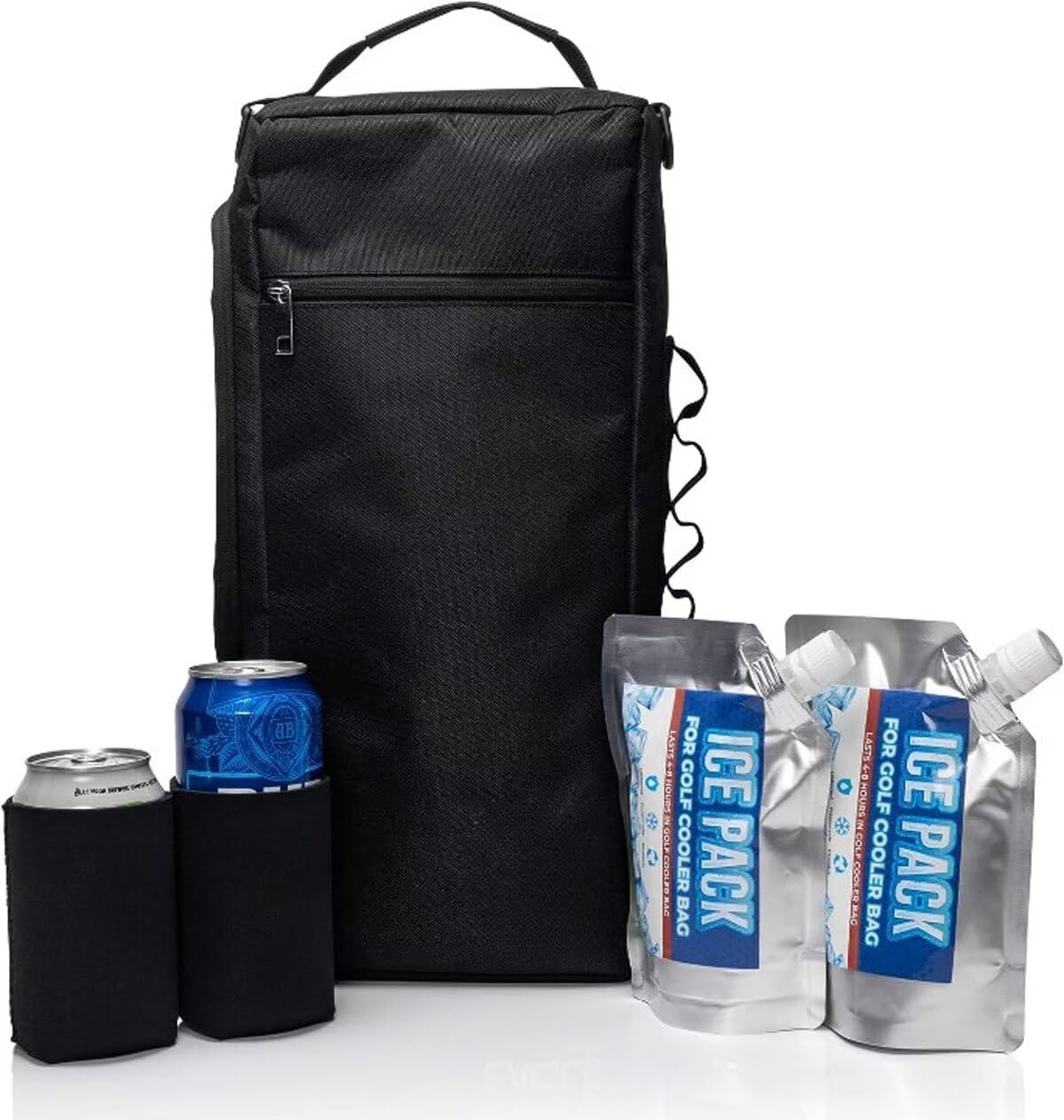 ECCRIS Golf Cooler Bag Plus 2 Ice Packs, 2 Sleeves, Keeps Drinks Cold for Hours, Holds 6 Beer Cans or 2 Wine Bottles, Fits Discreetly in Golf Bags, Insulated Beer Sleeve and Cooler, Small, Black