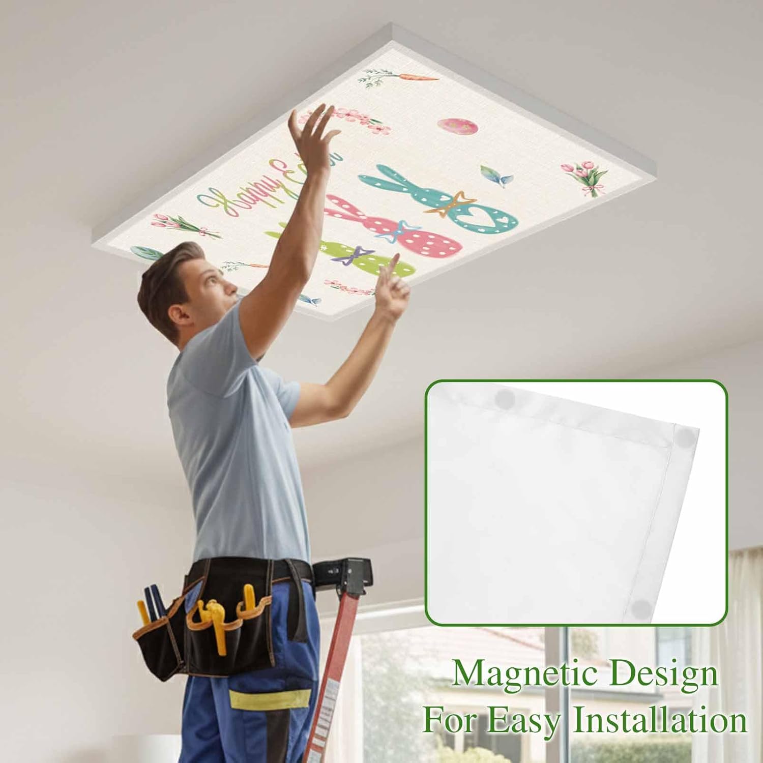 2x4 ft Fluorescent Light Cover for Ceiling Happy Easter Words on Linen Magnetic Light Filters, Green Blue Pink Bunnies Ceiling Lampshades for Home School Office 4Pcs
