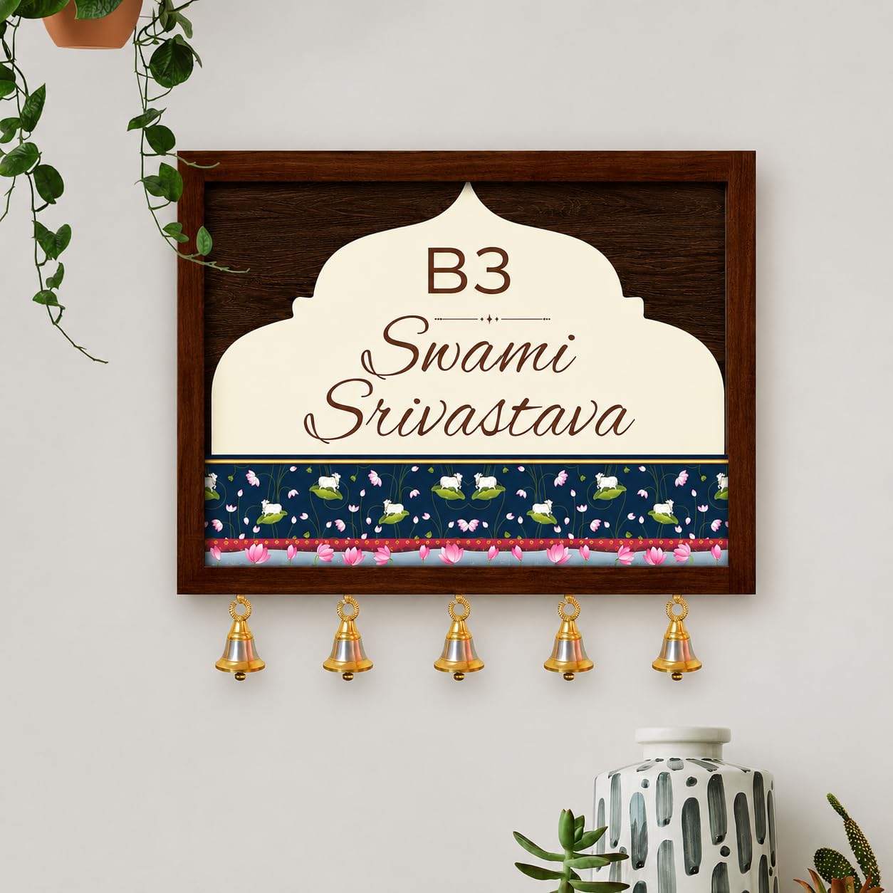 Customised Name Plate for Home Entrance | Wooden Door Name Plate with Brass color Bell & Matte Finish for Home Decor | Personalized with Name & Apartment Number | 10x14 inch | Housewarming Gift (WOODEN BROWN)-image-19