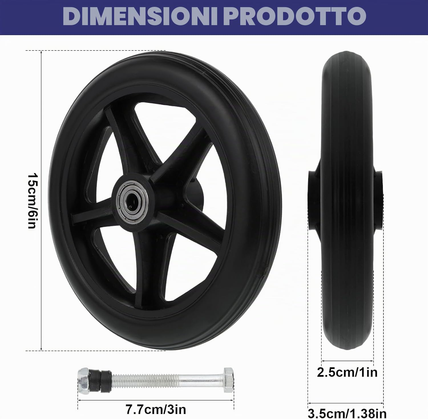 4 pezzi ruote di ricambio solide da 150 mm, materiale in gomma ecologico, pneumatici in PU resistenti all'usura, mozzo in ABS antiscivolo e durevole, ruote di ricambio per sedie a rotelle