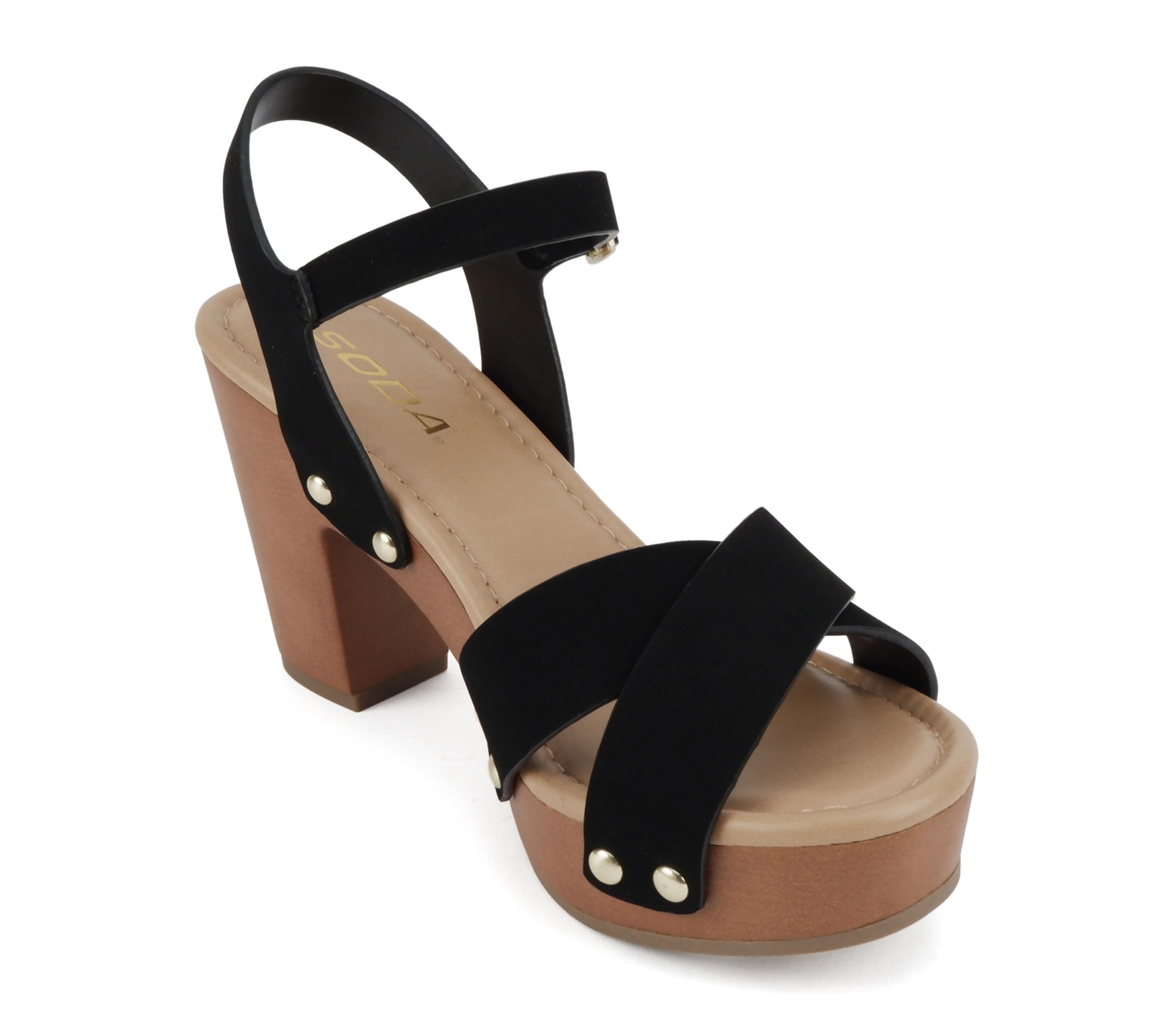 Soda MIGUEL ~ Women Crisscross Band Fashion Chunky Platform Block Mid Heel Sandal with Ankle Strap and Stud: 7 Black Nubuck